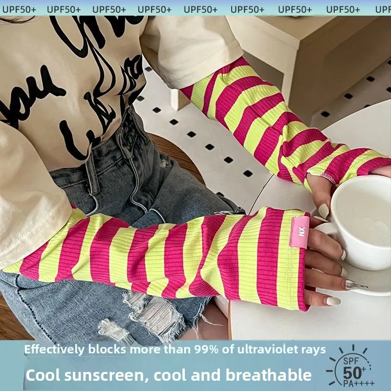 Summer Sun Protection Women's Ice Silk Sleeves, Loose Arm Protection, UV Protection, Fashionable Striped Driving Sleeves image 2