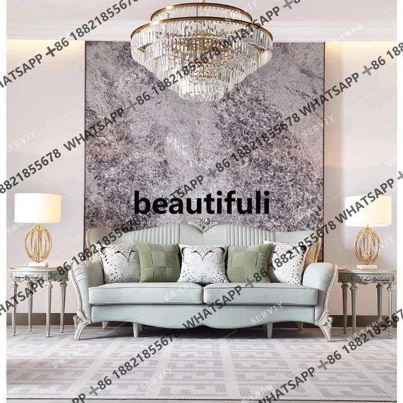 

French light luxury leather solid wood sofa European carved mint green sofa combination SE4