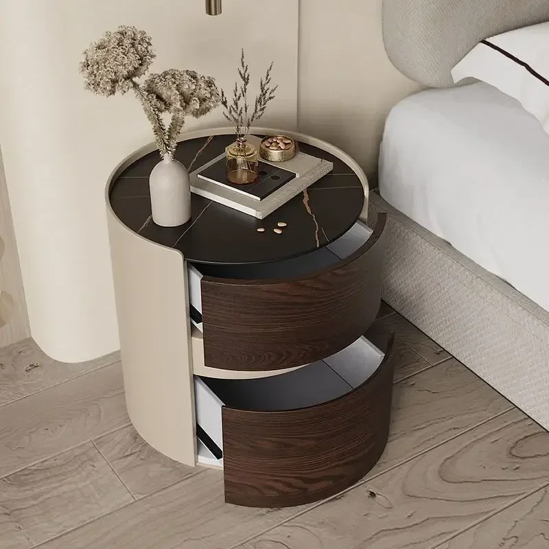 

Italian Rock Plate Nightstand Storage Household Bedroom Drawer Chest Wireless Charging Round Edge a Few Leather Bedside Cabinet