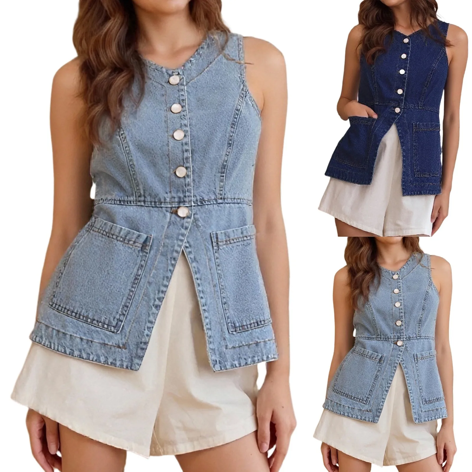 

Women's Fashionable Casual Commuting Slim Button O-neck Denim Vest Retro Streetwear Temperment Top with Pockets