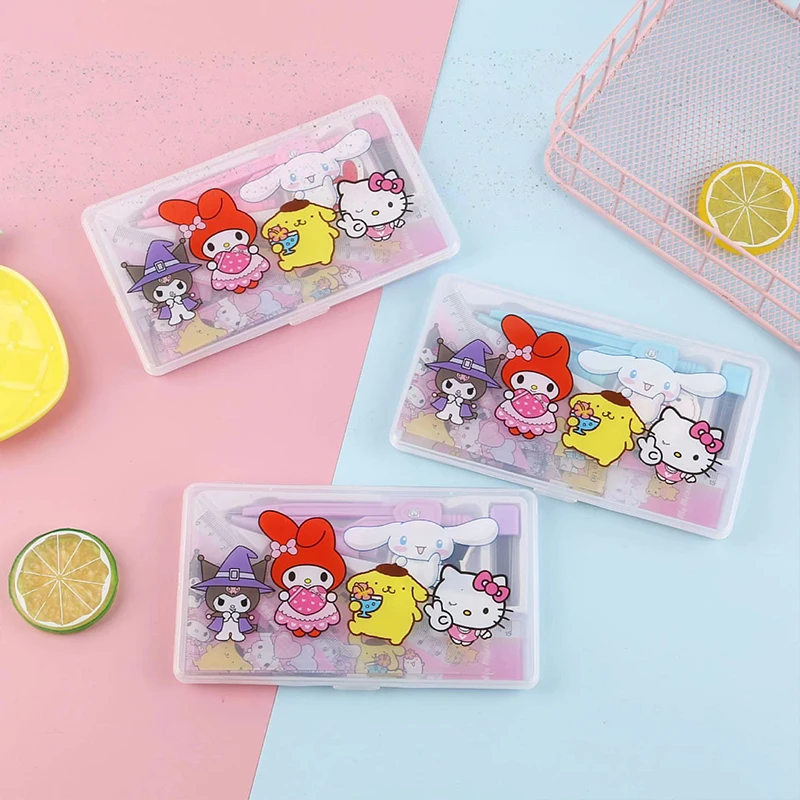 Sanrio Anime Kawaii Hello Kitty Cinnamoroll Students Compass Ruler Set Cute Kuromi Pen 7-Piece Set Stationery Kids Gifts