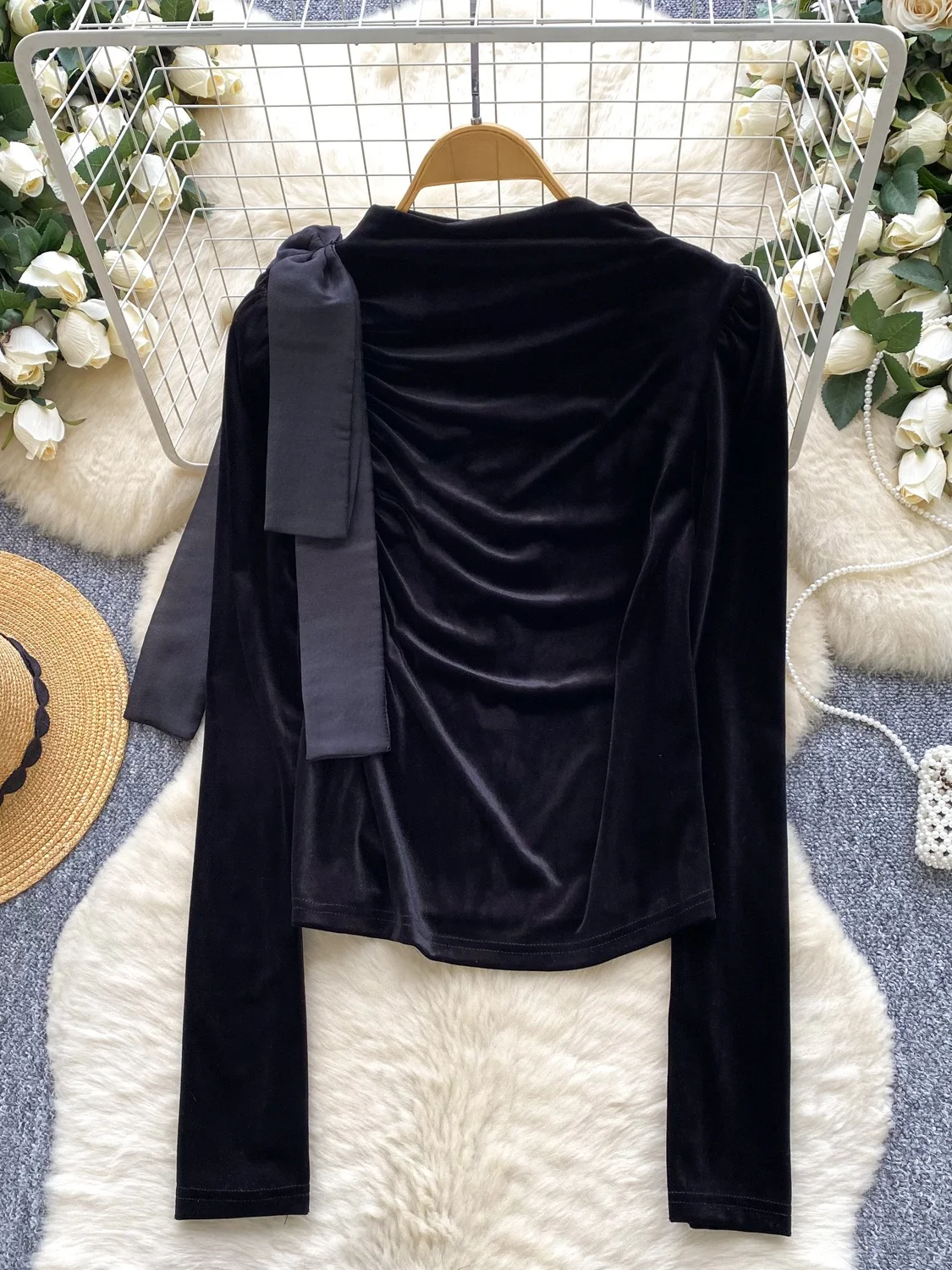 

Ele Velvet Long Sve irt Women's Knot Belted Slim Fit irt French Sle Daily Wear Creative Pattern T-irt