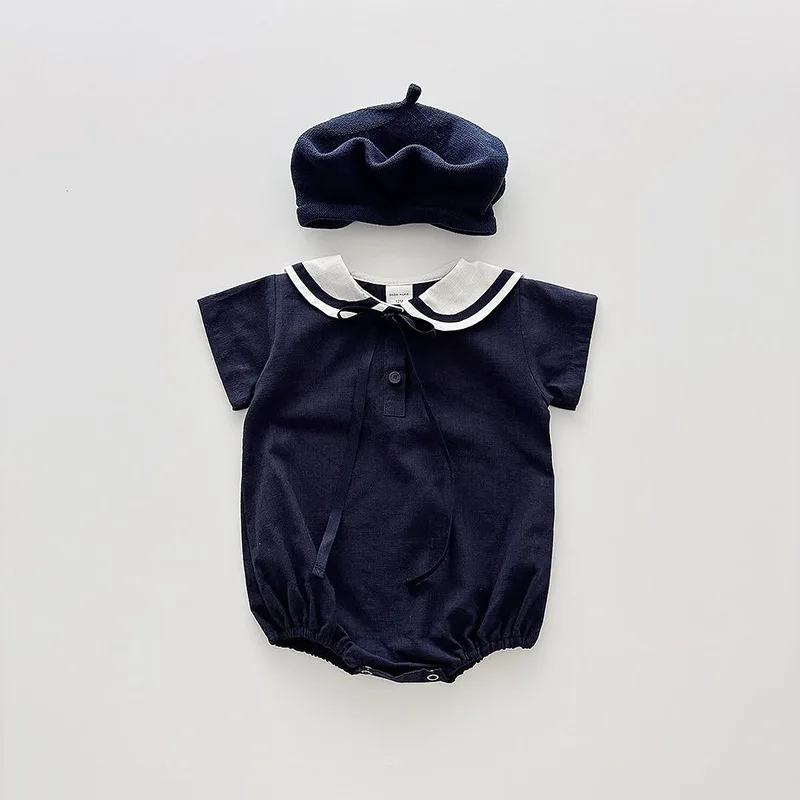 2026 Summer New Baby Short Sleeve Bodysuit Cotton Infant Girl Preppy Style Sailor Collar Jumpsuit Solid Newborn Clothes 0-24M