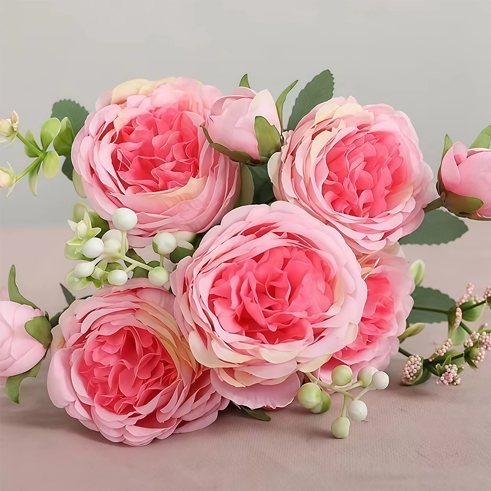 Buquê de Flores Artificiais de Peônia Rosa em Seda com 5 Cabeças Grandes e 4 Botões Pequenos para Casamento, Buquê de Noiva, Decoração Floral para Casa e Festas