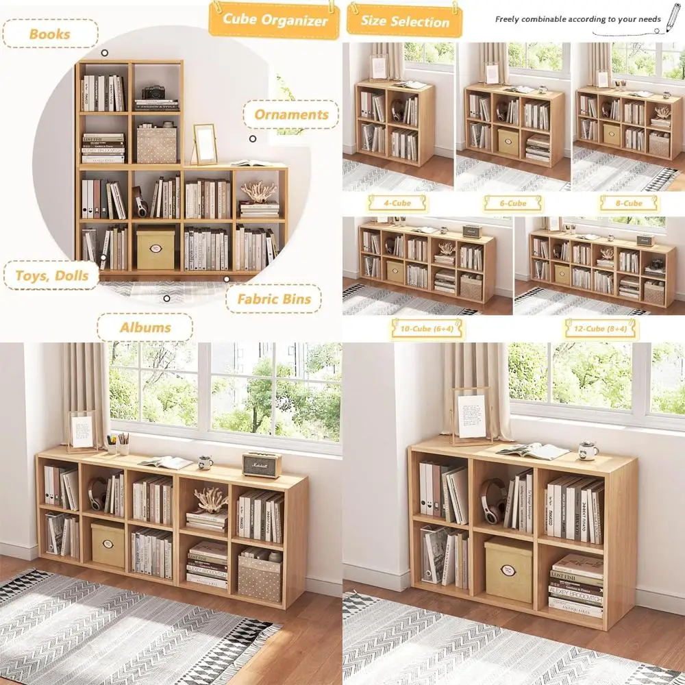 

Oak Fabric Storage Cube Organizer Bookcase with Open Shelves and Simple Compartments