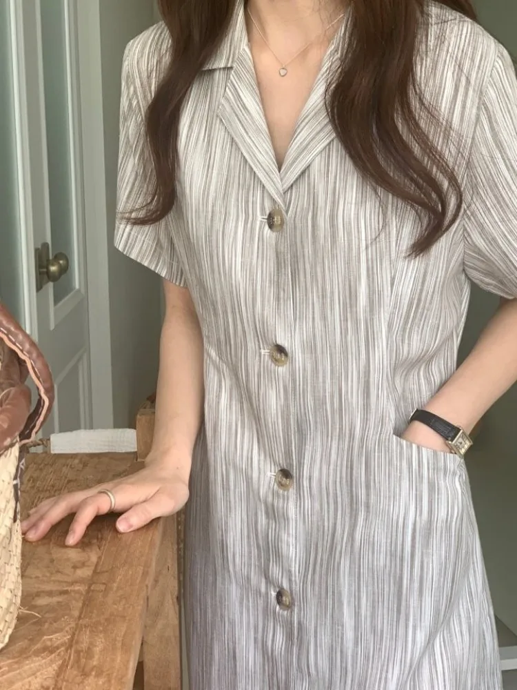 

Women's Summer Long Smudged Striped Blazer Dress Vintage Notched Collar Straight Midi Sundress Korea Style