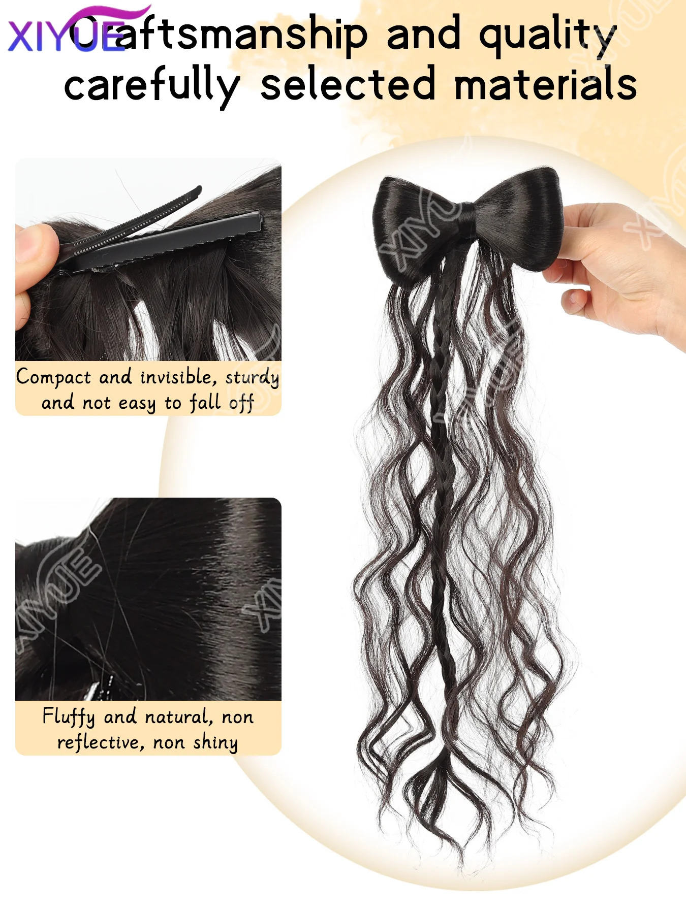 XIYUE Synthetic Natural Fake Bowknot Hair Bow Ponytail Fluffy Clip on Hairtail Extension Water Wavy Hairpiece Cute Styling Tools