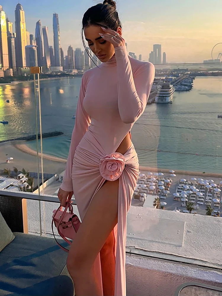 Sexy Long Sleeve Hollow Out 3D Flower Long Dress Women Pink Turtleneck Pleated High Slit Dresses Elegant Evening Party Gowns