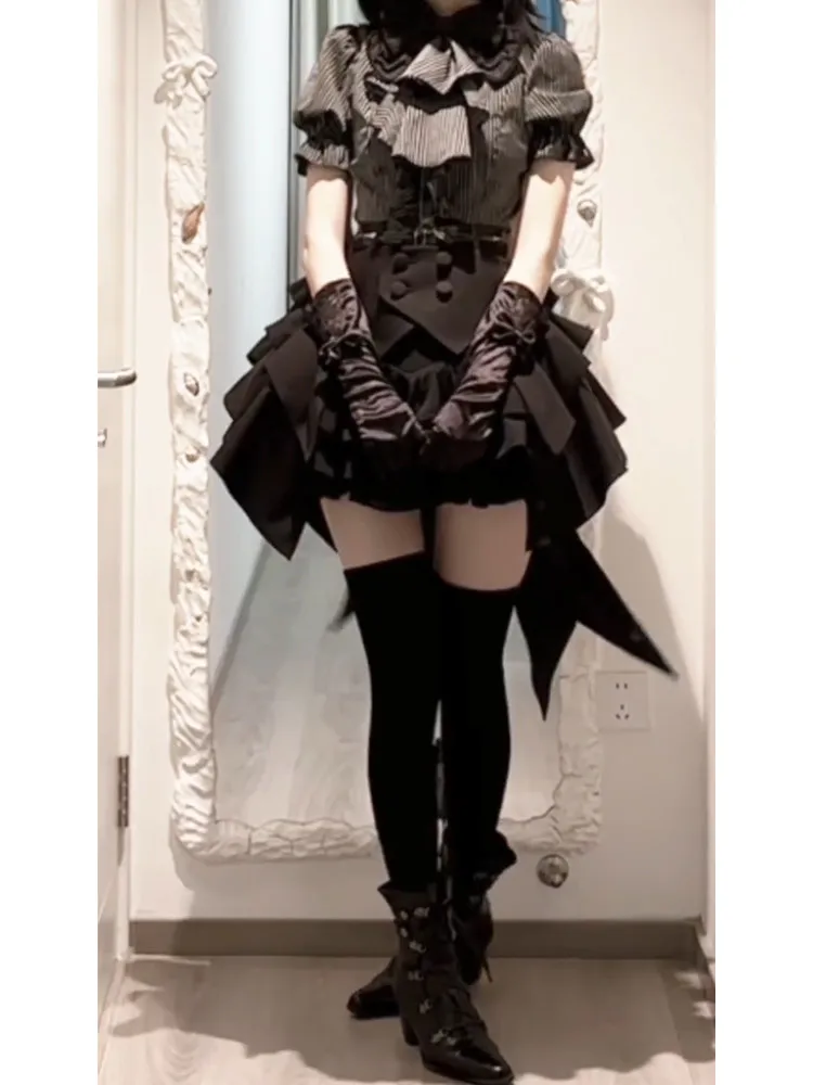 Japanese Gothic Lolita Subculture 3 Piece Set Women Summer Slim Fit Striped Bow Puff Sleeve Ruffle Blouse Layered Mini Skirt - view 3