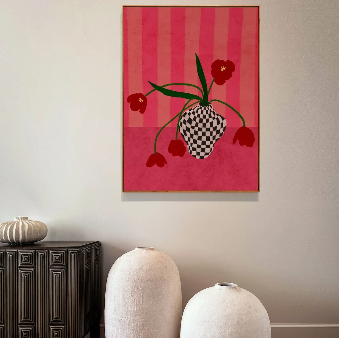 Contemporary, Eclectic Wall Decor in Berry Pink Tones DOWNLOADABLE ART Print, Tulips in a Checkered Vase Printable Art Floral Di