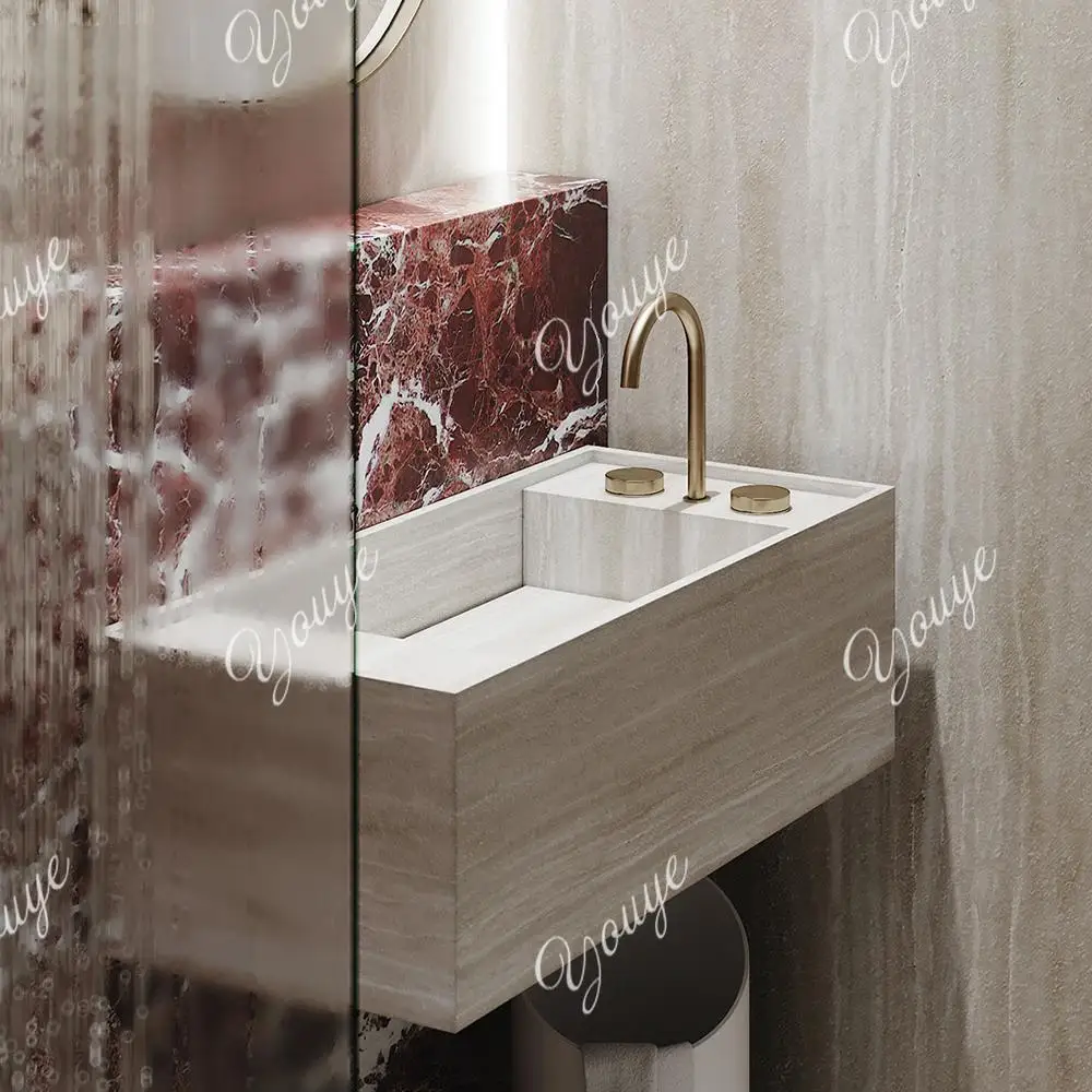 CE Certified Roman Travertine Wall Vanity: Ultra-Slim Edge & Deep Integrated Basin w/ Anti-Mold Seal - Luxury Floating Sink