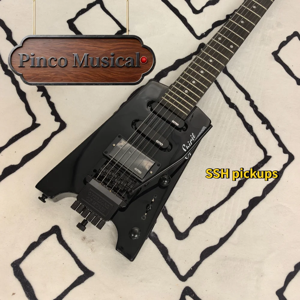 Black Headless Electric Guitar SSH Pickups Big Double Tremolo Mahogany Body Rosewood Neck