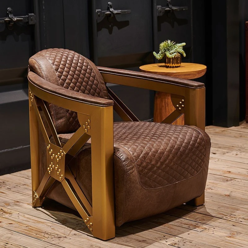 

American leisure chair retro industrial style gold aluminum leather cigar chair British godfather chair B & B tea space single