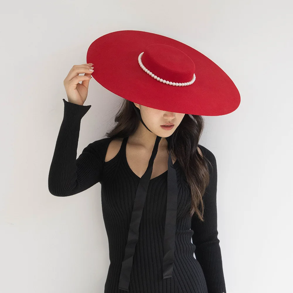 Fedora hat Vintage large-brimmed top hat unisex pearl black red hat solid hat autumn winter classic elegant Panama hat Catwalk