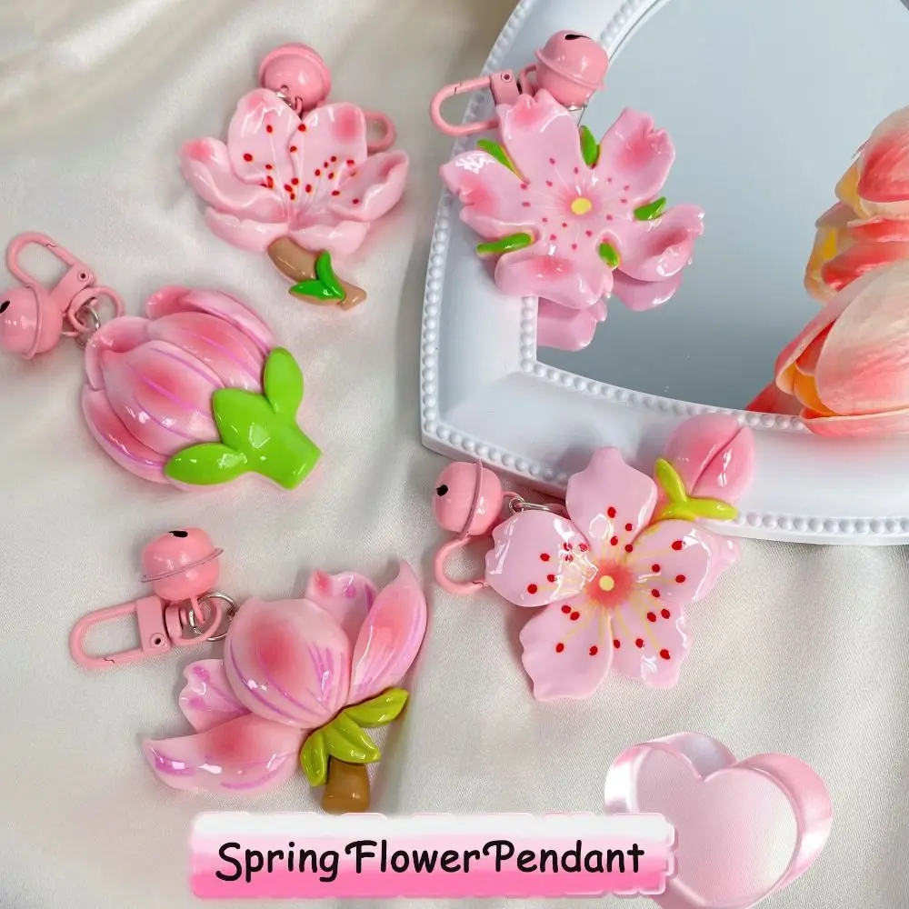 Fashion Resin Peach Flower Keychain Tulip with Bell Peach Blossom Pendant Lotus Sweet Car Key Ring Backpack Decoration
