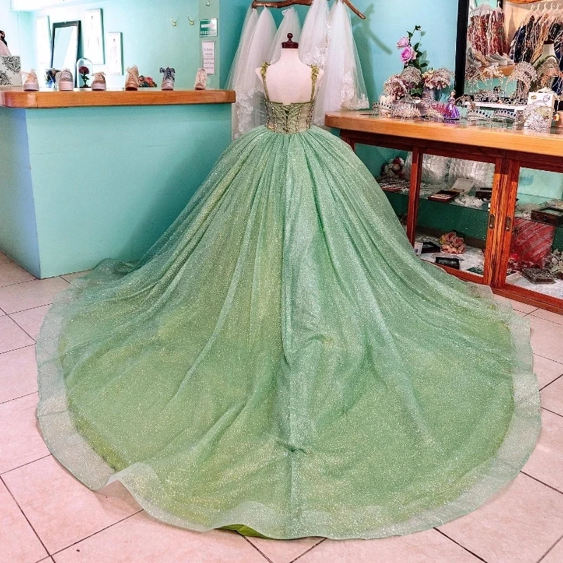 Mint Green Quinceanera Dress Ball Gown Applique Beading Crystals With Cape Tull Corset Sweet 16 Vestido De 15 Anos