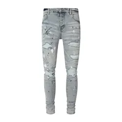 Pantalones vaqueros elásticos de alta calidad para Hombre, Jeans con Piercing Retro, elásticos y adelgazantes, estilo Hip Hop, color azul claro