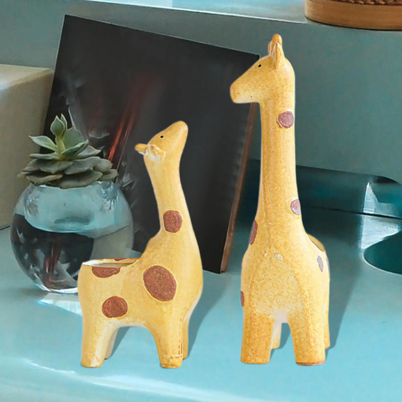 2x Ceramic Plant Pots Indoor Giraffe Shaped with Drainage Decoration Gifts Cute