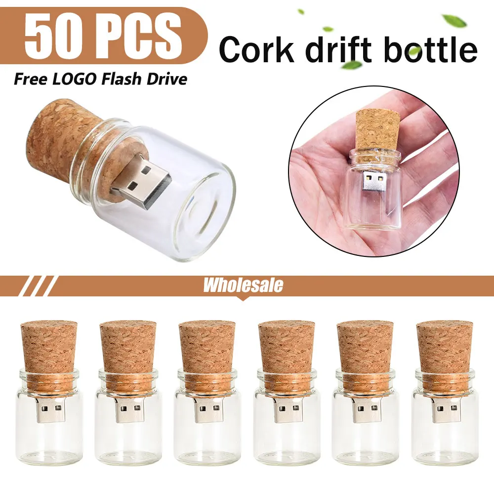 

50pcs/lot USB2.0 Glass Drift Bottle with Cork Flash Drive Stick Pendrive 4GB 8GB 16GB 32GB 64GB 128GB Storage DeviceWedding Gift