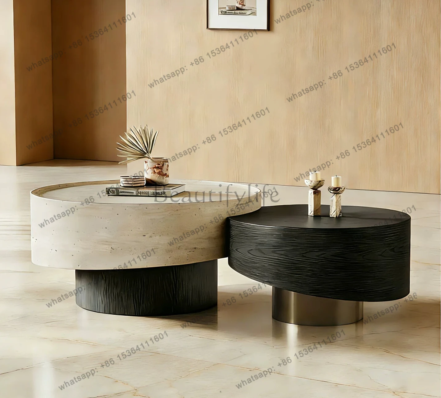 Minimalist imitation travertine coffee table living room home designer new high-end high and low coffee table combination