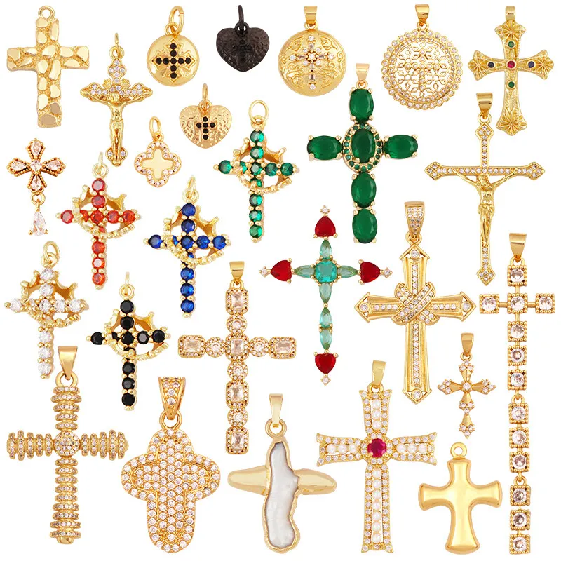 Trendy Religious Cross Colorful Zircon Charm Pendant,Real 18K Gold Plated DIY Jewelry Accessories Necklace Bracelet Supplies R45