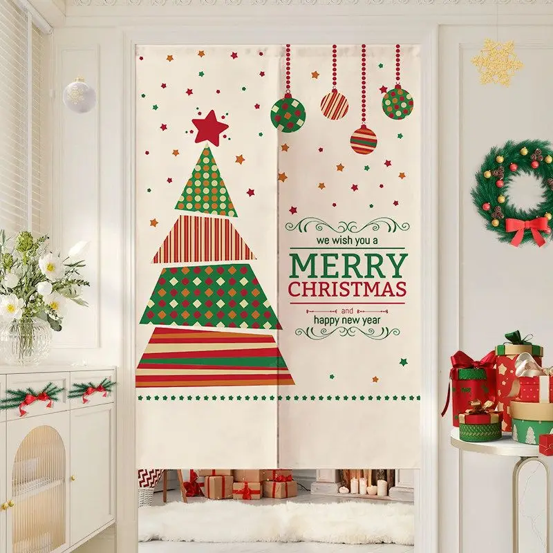 VIKAMA Christmas Door Curtain Burgundy Fair Isle Snowflake Tree Print Noren For Entryway Kitchen Bedroom Living Room Decor