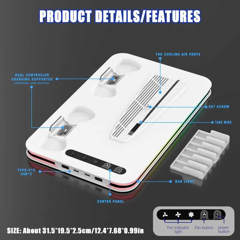 for PS5 SLIM PRO Universal Cooling Base Multifunctional Fan Bracket Dual Handle Seat Charger with RGB Light