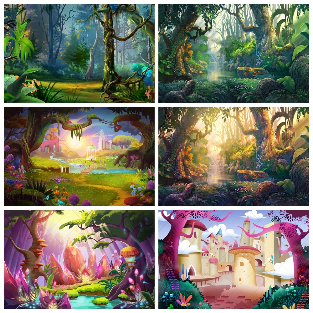 Cartoon Magic Forest Backdrops Custom Fantasy Trees House kids Birthday Photography Poster Studio Wall Decoration Background