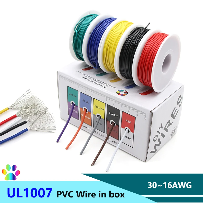 

UL1007 Electric Wire in Box( 5 Colors Mix Kit) PVC Insulation Tinned Copper Cable 30 ~16 AWG Stranded Electrical Line PCB Wire