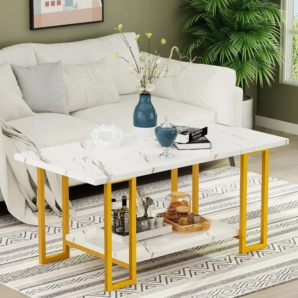 Coffee Table, Modern Faux Marble Top Coffee Table with Metal Frame and Storage Shelf Living Room Furniture