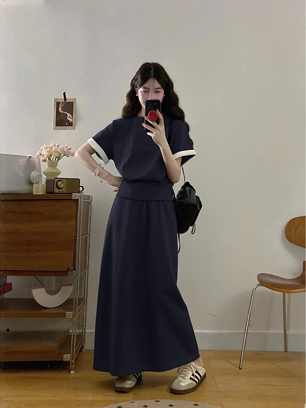 

Летний повседневный комплект больших размеров: женский топ с коротким рукавом, скрывающий живот, и утягивающая юбка-полусолнце, комплект из двух предметов с круглым вырезом и молнией