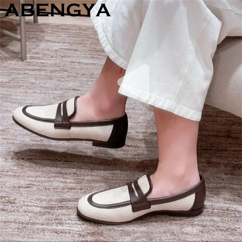 2026 Summer New Weave Flat Loafers Shoes For Women Round Toe Real Leather Slip On Lazy Shoes Casual Walking Single Shoes Mujer