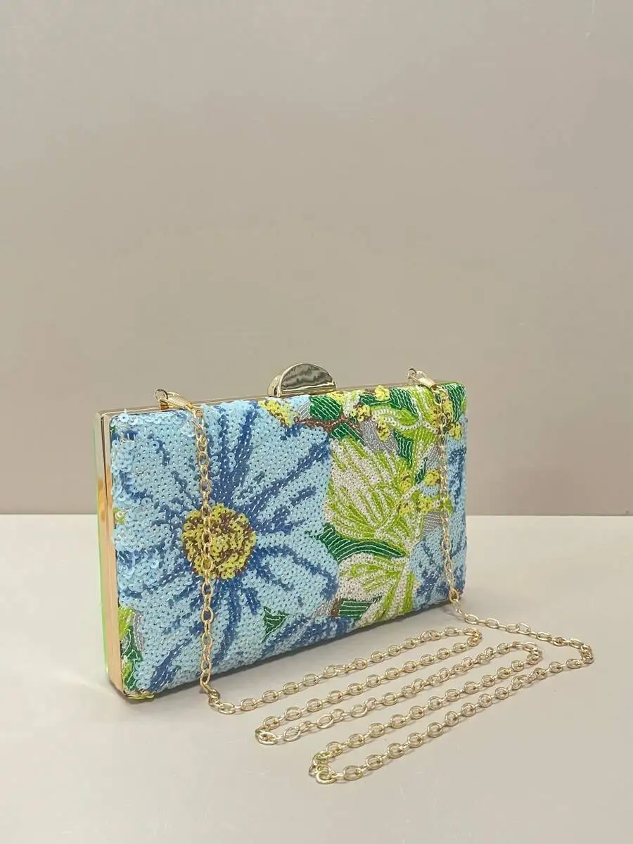 

Elegant Floral Sequin Clutch Box Bag For Women Party Wedding Evening