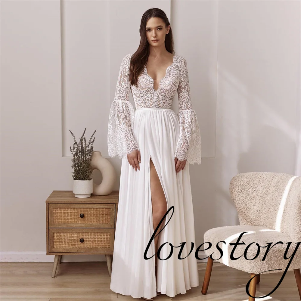 

Vintage Long Sleeve Lace Boho V Neck Chiffon Wedding Dress for Women Side Slit Bridal Gown Custom Made robe de soirée de mariage