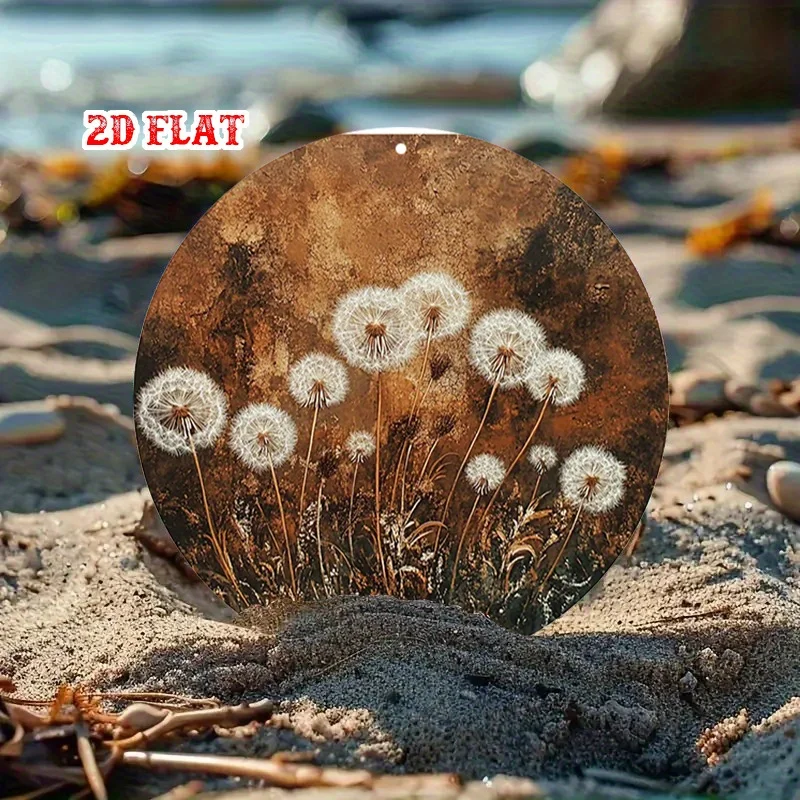 CIFBUY Vintage Dandelion Metal Wall Art Rustic Round Aluminum Sign Brown White Waterproof Durable Indoor Outdoor Decor
