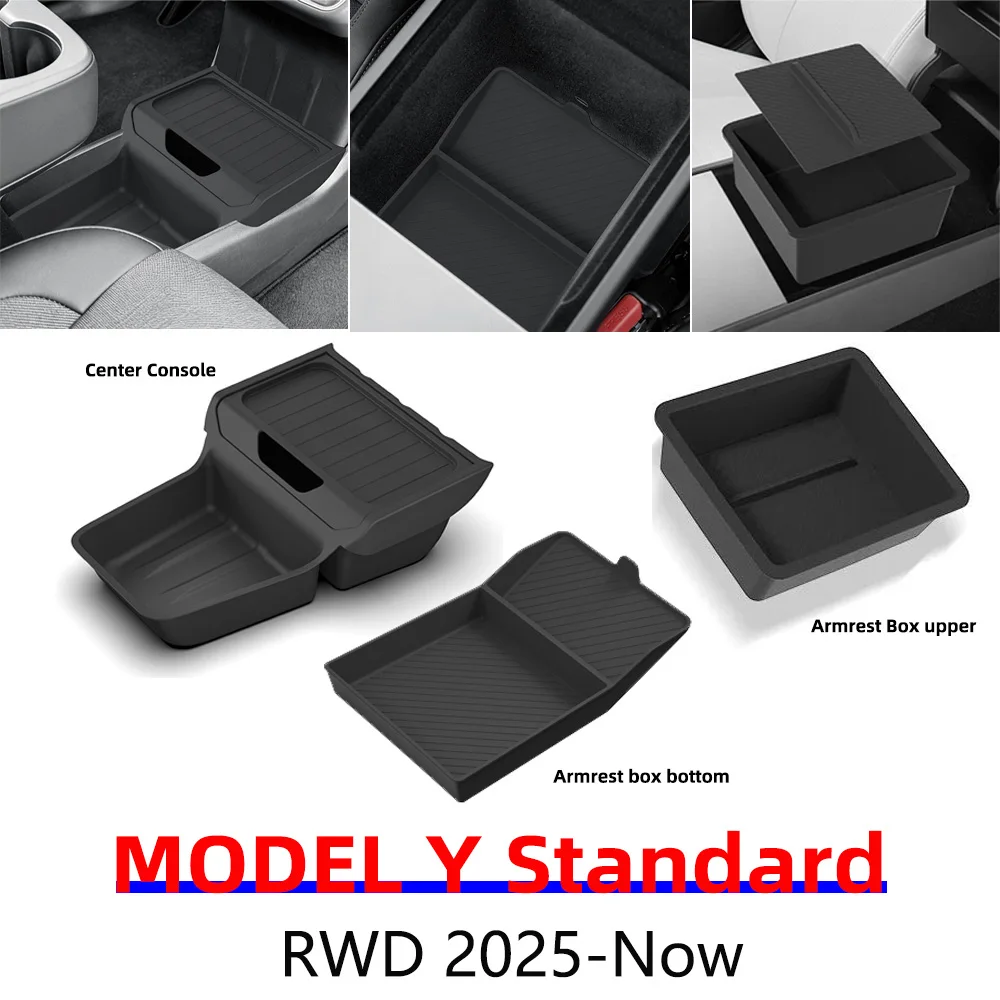 for Tesla Model Y Standard RWD 2025 2026 Center Console Storage Organizer Box Armrest Box Tray Tidying Protect Mat Accessories