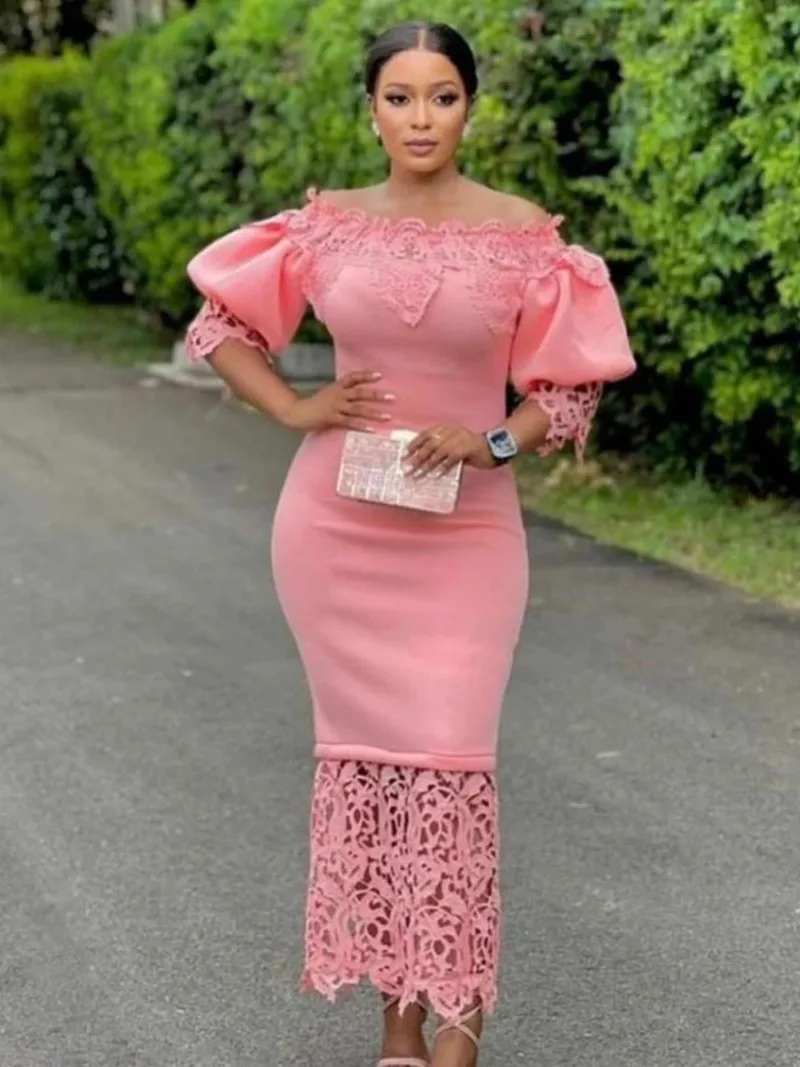 Elegant African Women\'s Tight Lace Bubble Sleeve Off Shoulder Sexy Mid Waist Dress Wedding Graduation Party Sisters Gown