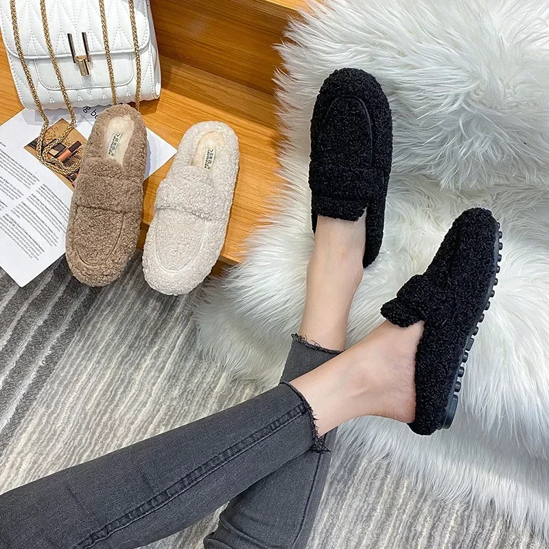 Winter Warm Plush Half Slippers Woman Outdoor Furry Mocasines Warm Slip on Cotton Shoes Woman Flats Cover Toe Curly Fur Slides