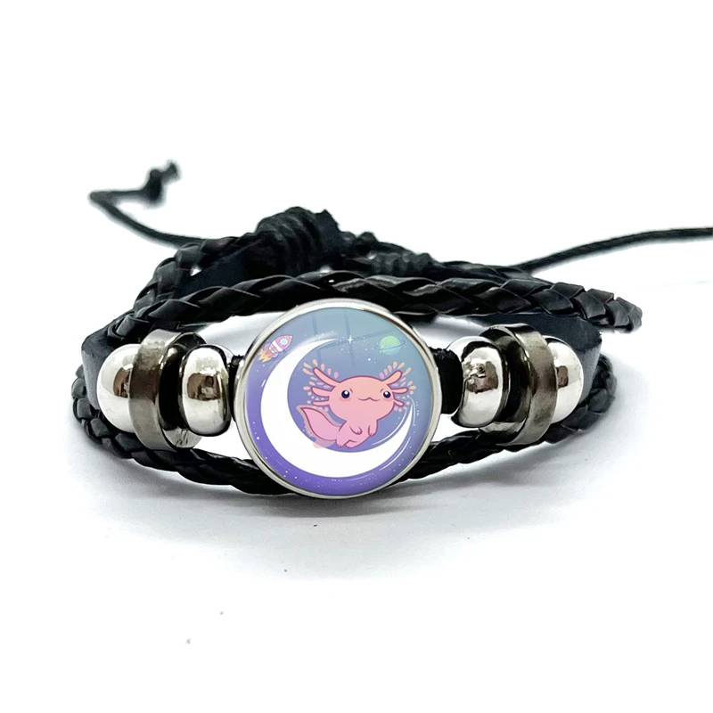 Axolotl  Leather Bracelet Glass Dome Multilayer Braided Bracelets Bangles Handmade Jewelry Gifts