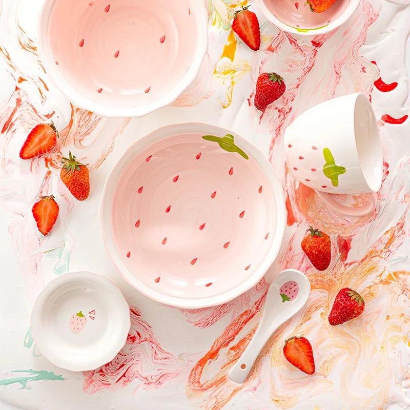 Strawberry Bowl Plate Spoon Double Ear Soup Pot Single Handle Baking Tray Underglaze Colored Household Ceramic Kitchen Tableware