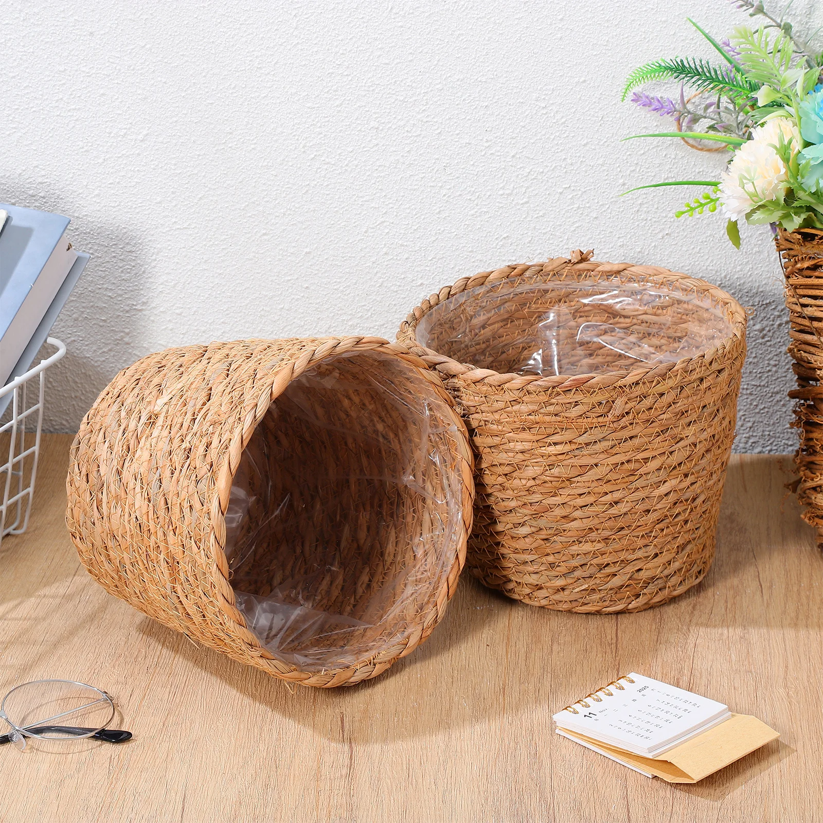 2 Pcs Weaving Flower Basket Plant Pots Indoor Seagrass Woven with Handles Baskets for