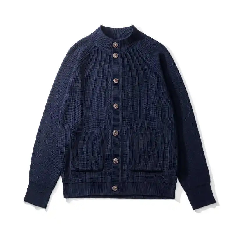 日本のレトロなKAPITALラグランスリーブメンズウールセーター厚手スタックカラーカーディガンニットウェアコートプルオーバー