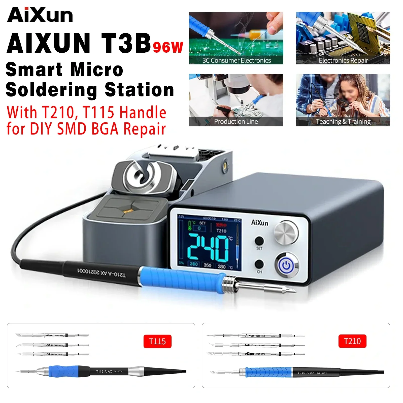 JCID AIXUN T3B T3A Intelligent Soldering Station With T115/T210 Series Handle Welding Iron Tips Electric for SMD BGA Repair Set