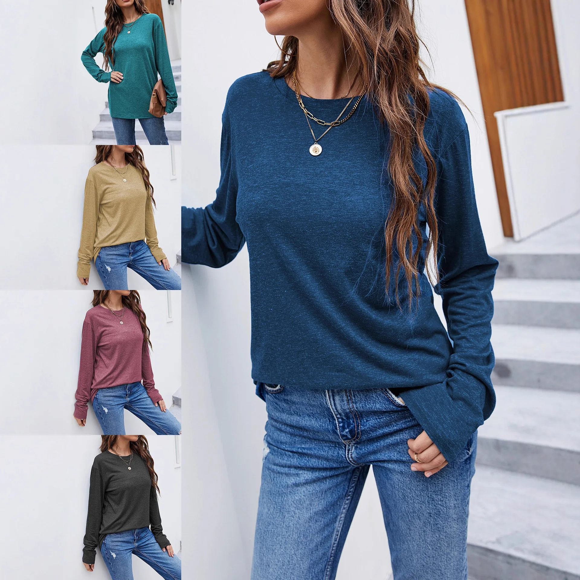 

Y2K autumn and winter new women's long-sleeved crew neck pullover solid color cotton loose version casual T-shirt top