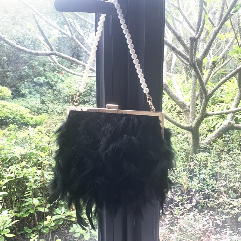 Fashion Turkey Feather with Pearls Handles Handbag Clutch Designer Woman Faux Fur Crossbody Shoulder Feather Bridal Bag