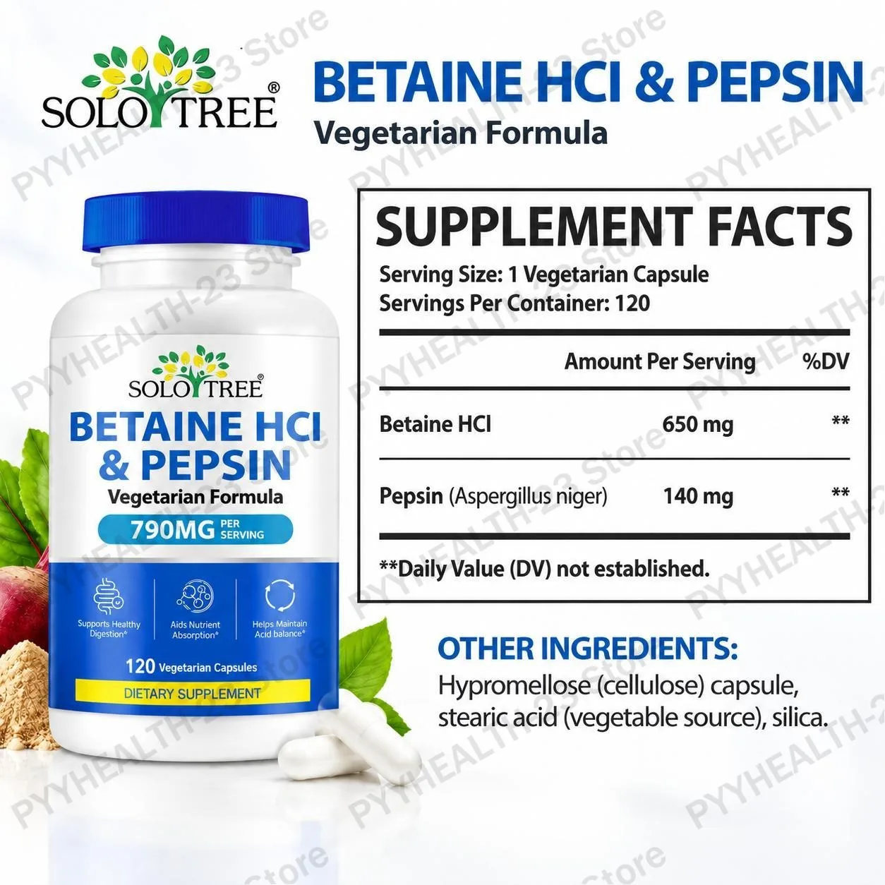 SoloTree Betaine HCl & Pepsin Capsules Promote Digestion Acid Balance Protect The Liver & Stomach Provide Energy 120 Capsules
