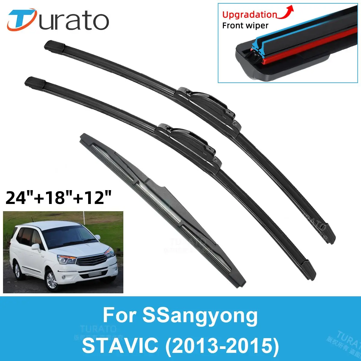 

3PCS Car Wiper Blades for 2013-2015 SSangyong STAVIC Front Rear Windshield Wipers Double Rubber Car Accessories 2013 2014 2015