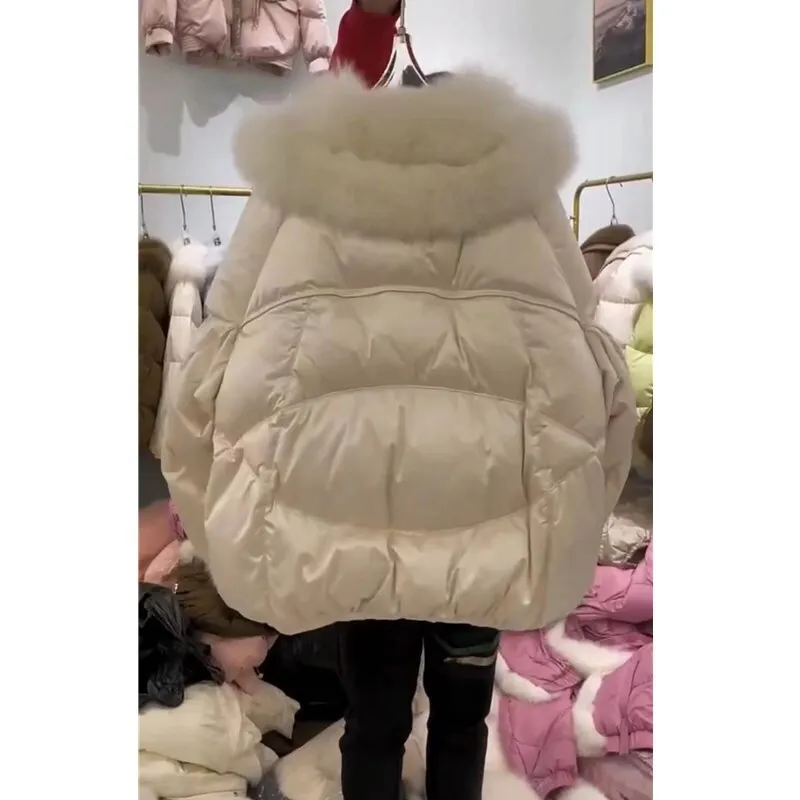 [EWQ] Korean Spliced Big Fur Collor Design Cotton-padded Coat Women Winter Flully Keep Warm Parkas Outerwears 2024 New 16O3131