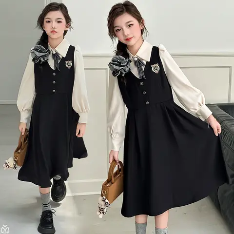 autumn French teen girls JK dress college style princess dresses junior child student long length small suit skirt kid outfit 14
