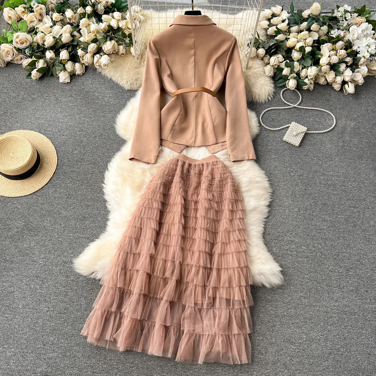 Commute Style Elegant Skirt Suits Fall Winter High-Grade Long Sleeve Jacket Mid-Length Tiered Skirt 2 Piece Sets Women Outifits